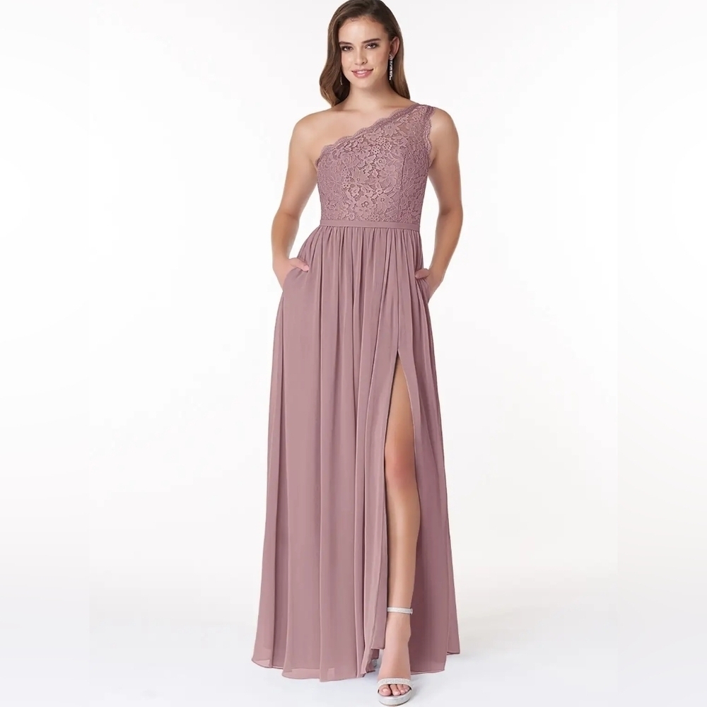 Azazie Dusty Rose pink floor length one shoulder maxi dress A line princess 14